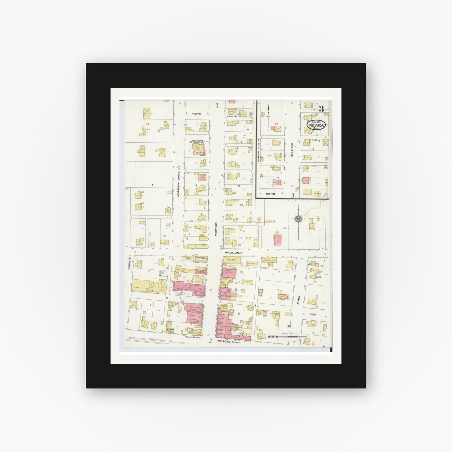 Old map wall art mockup — black gallery frame with white mat — Sanborn Fire Insurance Map from Nevada, Wyandot County, Ohio (1911), Sheet #0003