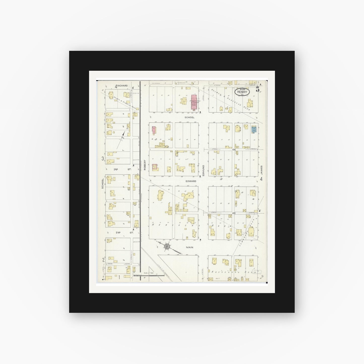 Old map wall art mockup — black gallery frame with white mat — Sanborn Fire Insurance Map from Henry, Marshall County, Illinois (1913), Sheet #0005