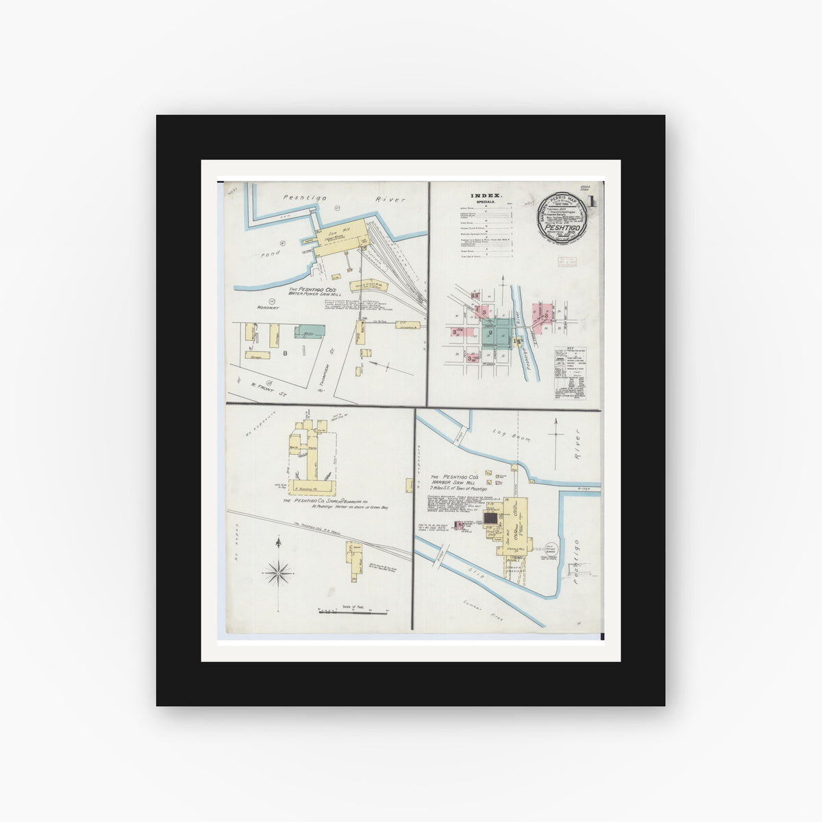 Old map wall art mockup — black gallery frame with white mat — Sanborn Fire Insurance Map from Peshtigo, Marinette County, Wisconsin (1893) - Complete Map Set