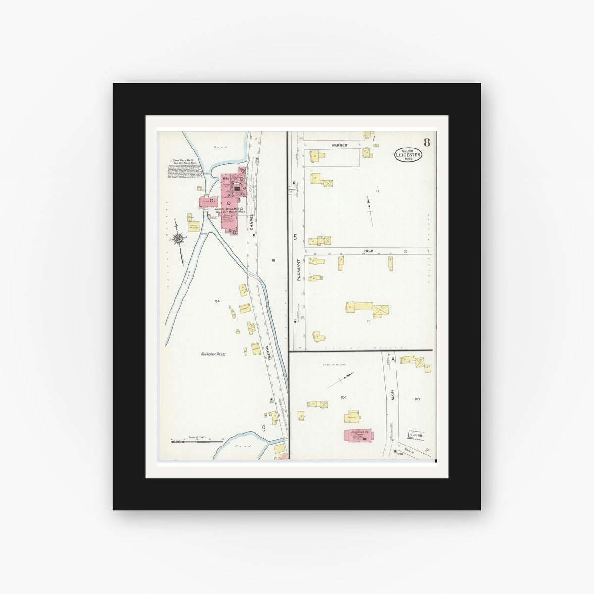 Old map wall art mockup — black gallery frame with white mat — Sanborn Fire Insurance Map from Leicester, Worcester County, Massachusetts (1910), Sheet #0008