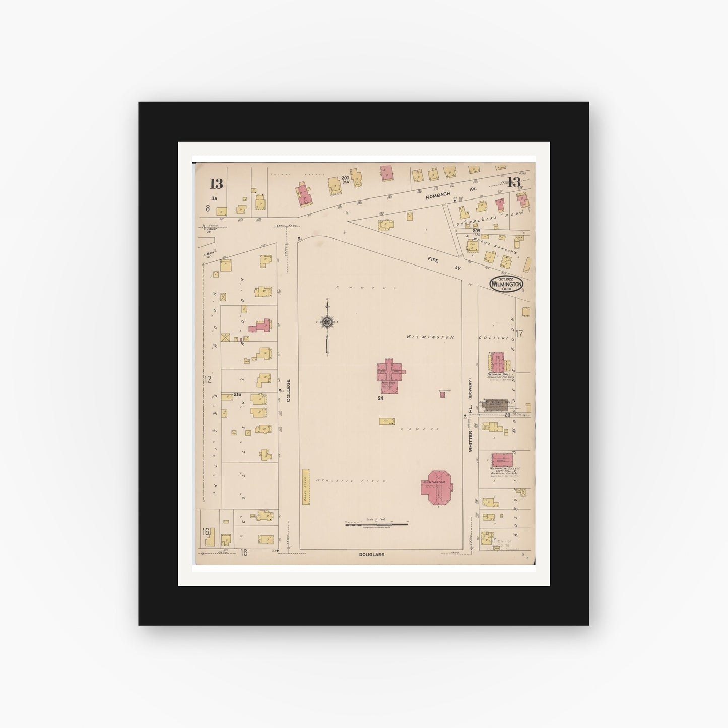 Old map wall art mockup — black gallery frame with white mat — Sanborn Fire Insurance Map from Wilmington, Clinton County, Ohio (1922), Sheet #0013