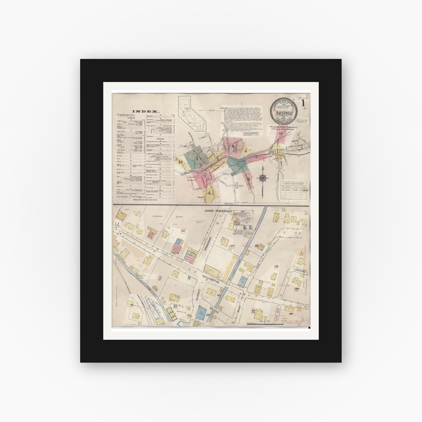 Old map wall art mockup — black gallery frame with white mat — Sanborn Fire Insurance Map from Placerville, El Dorado County, California (1940) - Complete Map Set