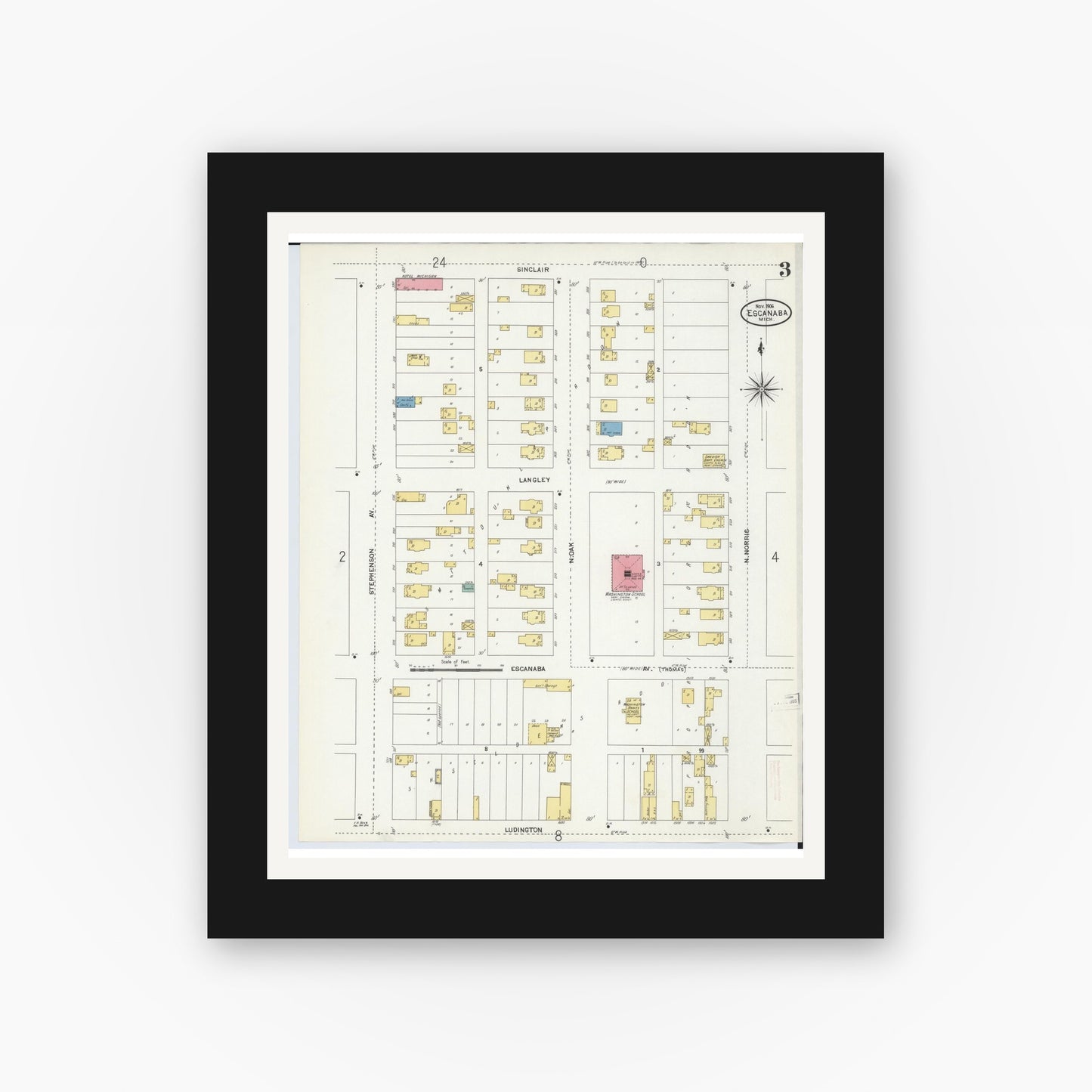 Old map wall art mockup — black gallery frame with white mat — Sanborn Fire Insurance Map from Escanaba, Delta County, Michigan (1906), Sheet #0003