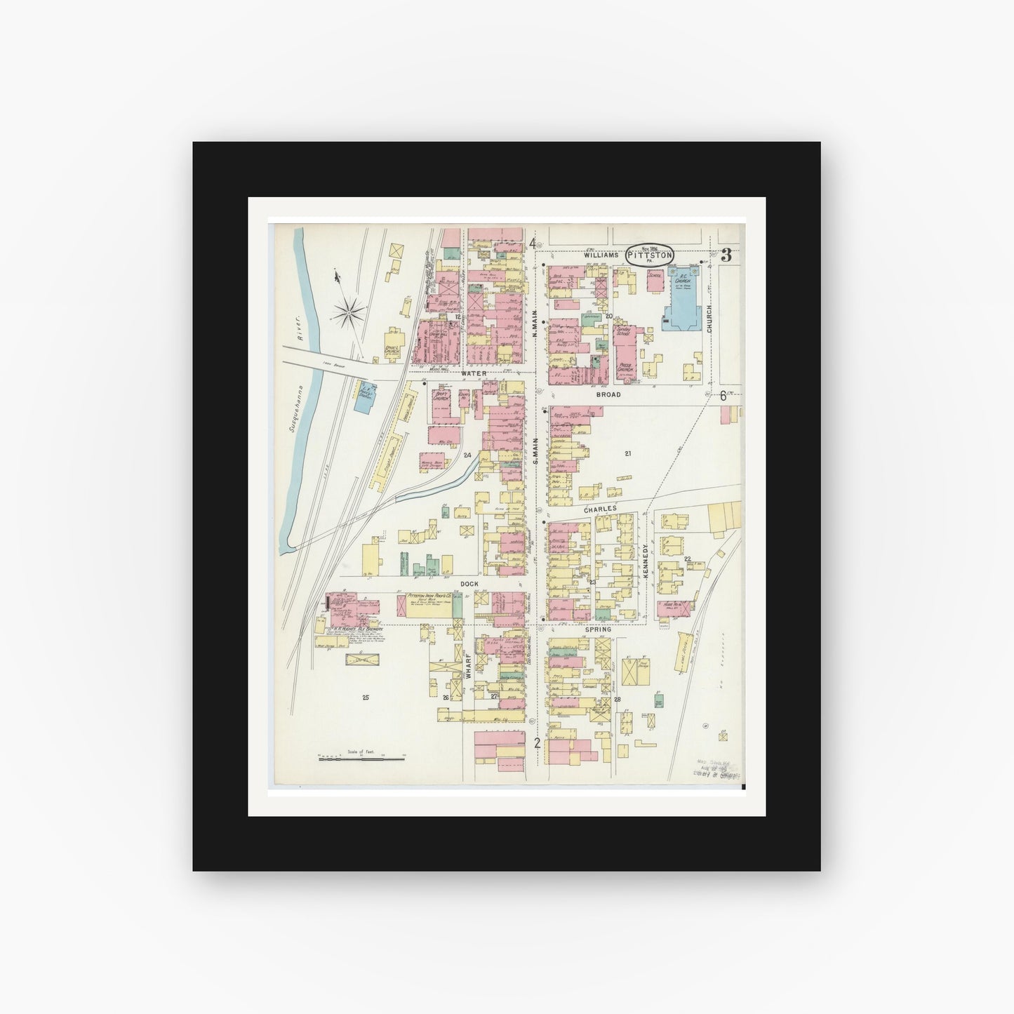 Old map wall art mockup — black gallery frame with white mat — Sanborn Fire Insurance Map from Pittston, Luzerne County, Pennsylvania (1896), Sheet #0003