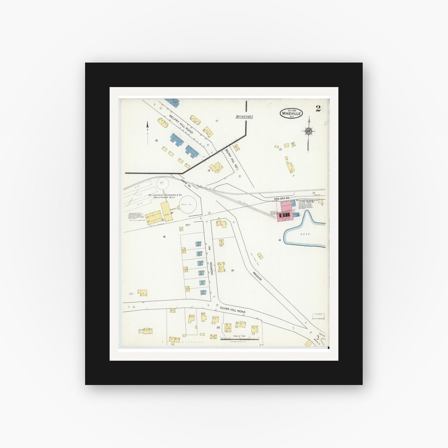 Old map wall art mockup — black gallery frame with white mat — Sanborn Fire Insurance Map from Mineville, Essex County, New York (1916), Sheet #0002
