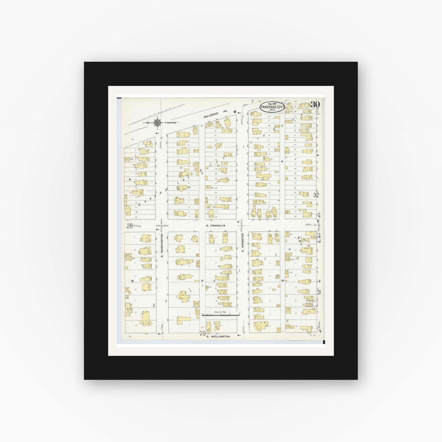 Old map wall art mockup — black gallery frame with white mat — Sanborn Fire Insurance Map from Traverse City, Grand Traverse County, Michigan (1910), Sheet #0030