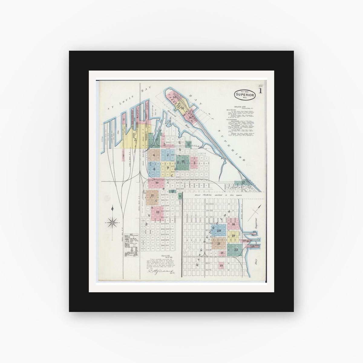 Old map wall art mockup — black gallery frame with white mat — Sanborn Fire Insurance Map from Superior, Douglas County, Wisconsin (1887) - Complete Map Set