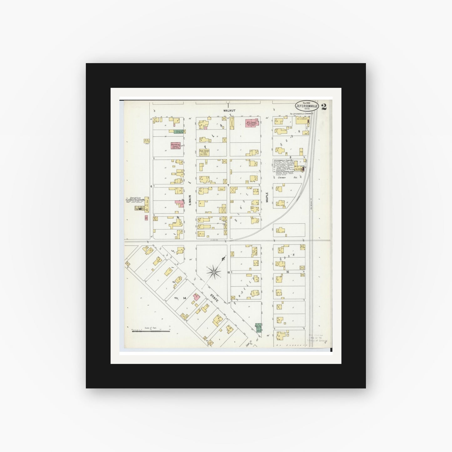 Old map wall art mockup — black gallery frame with white mat — Sanborn Fire Insurance Map from Jeffersonville, Fayette County, Ohio (1899), Sheet #0002