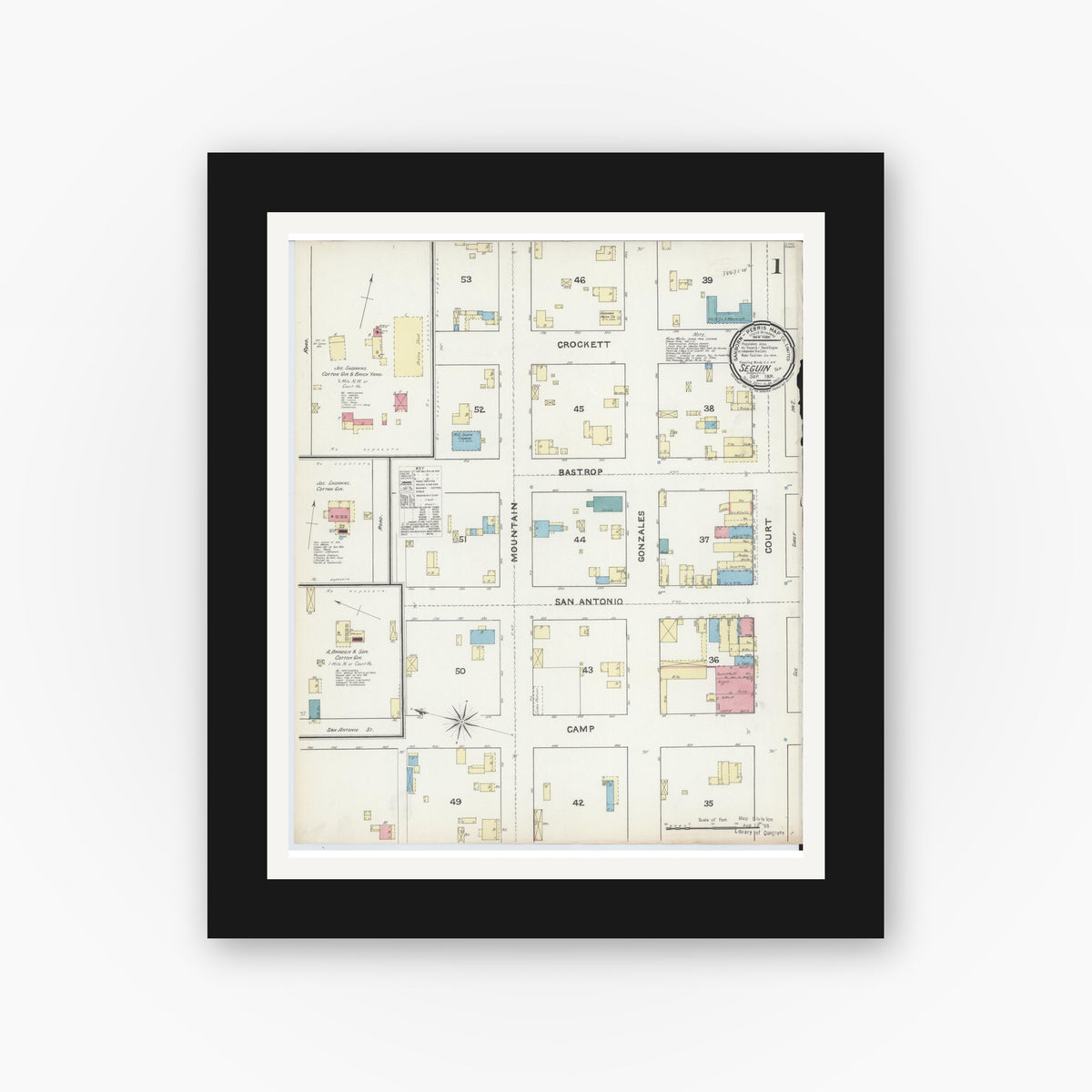 Old map wall art mockup — black gallery frame with white mat — Sanborn Fire Insurance Map from Seguin, Guadalupe County, Texas (1891) - Complete Map Set