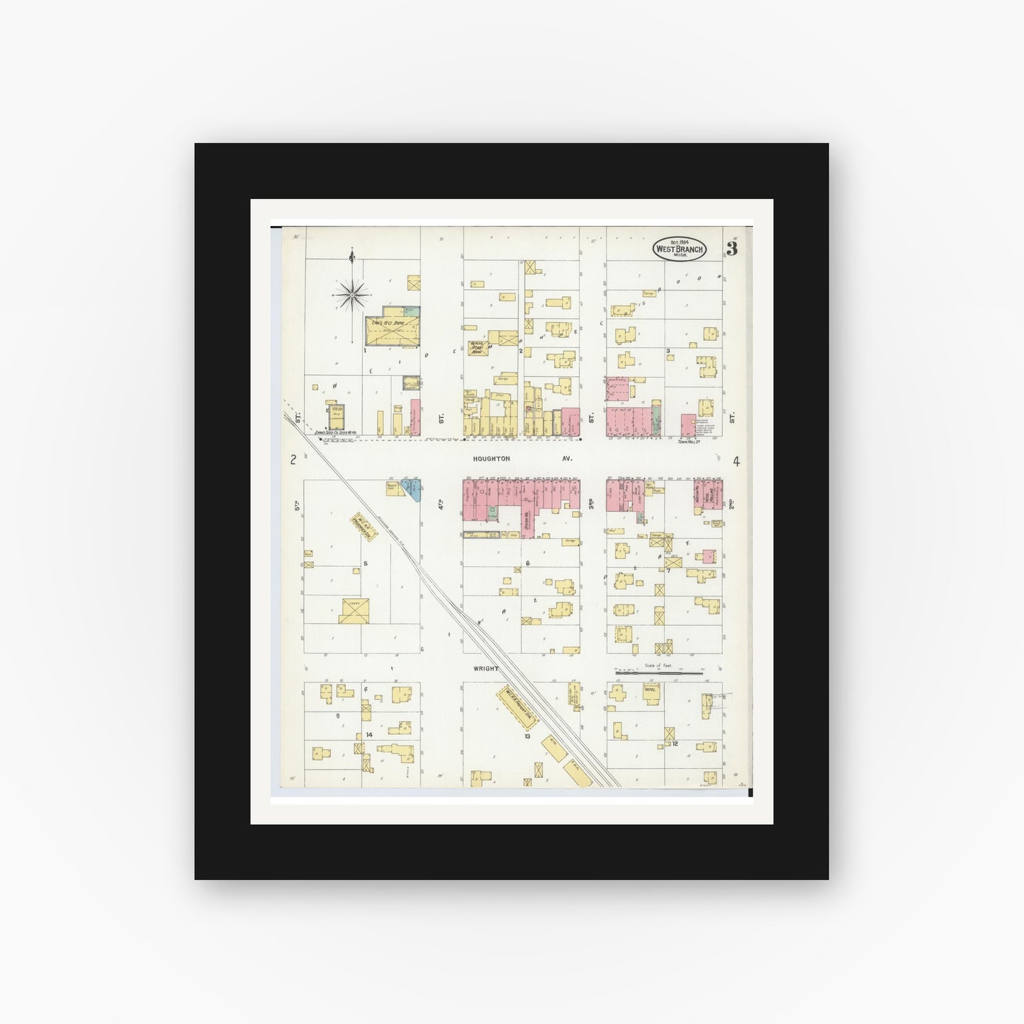 Old map wall art mockup — black gallery frame with white mat — Sanborn Fire Insurance Map from West Branch, Ogemaw County, Michigan (1904), Sheet #0003