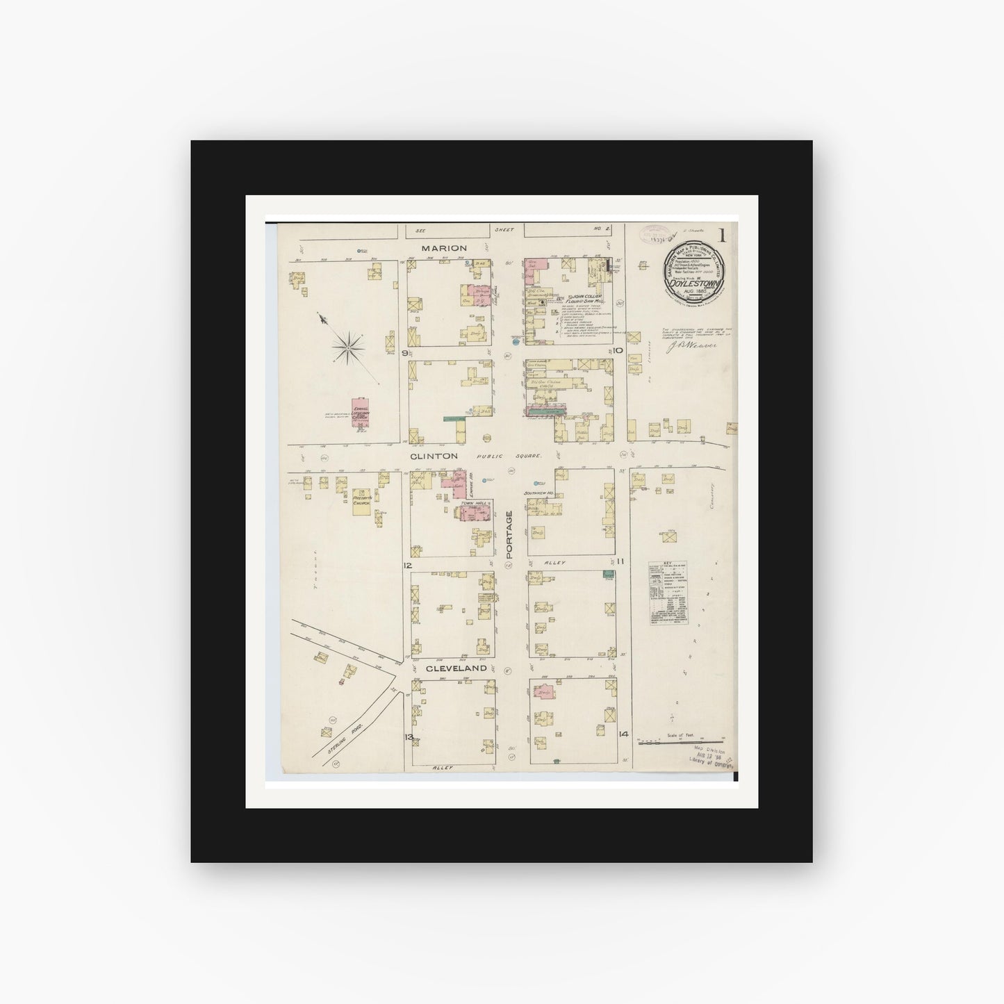 Old map wall art mockup — black gallery frame with white mat — Sanborn Fire Insurance Map from Doylestown, Wayne County, Ohio (1885) - Complete Map Set