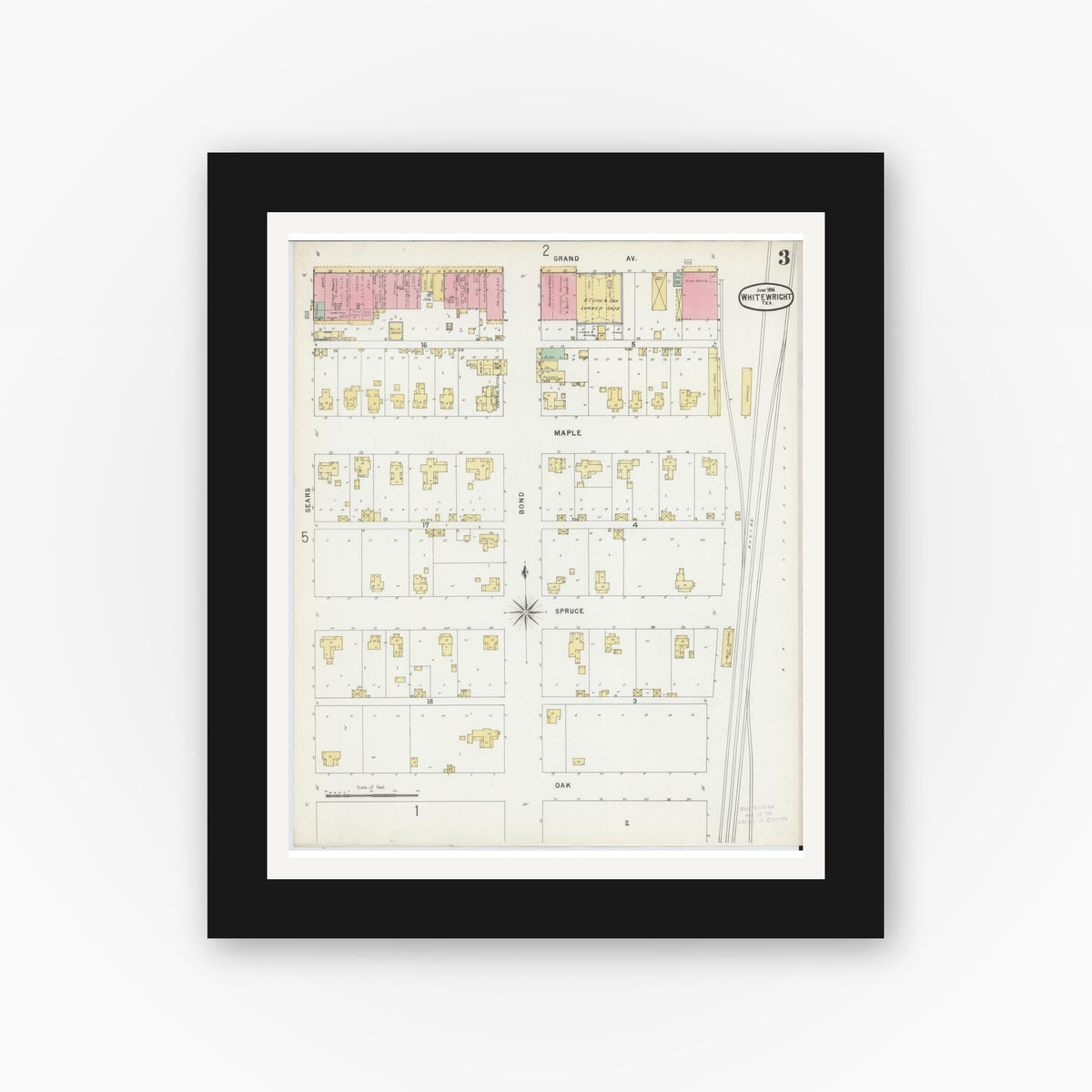 Old map wall art mockup — black gallery frame with white mat — Sanborn Fire Insurance Map from Whitewright, Grayson County, Texas (1896), Sheet #0003