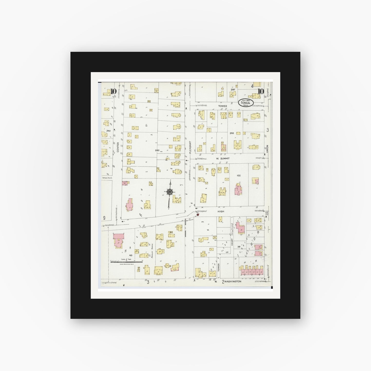 Old map wall art mockup — black gallery frame with white mat — Sanborn Fire Insurance Map from Ionia, Ionia County, Michigan (1924), Sheet #0010