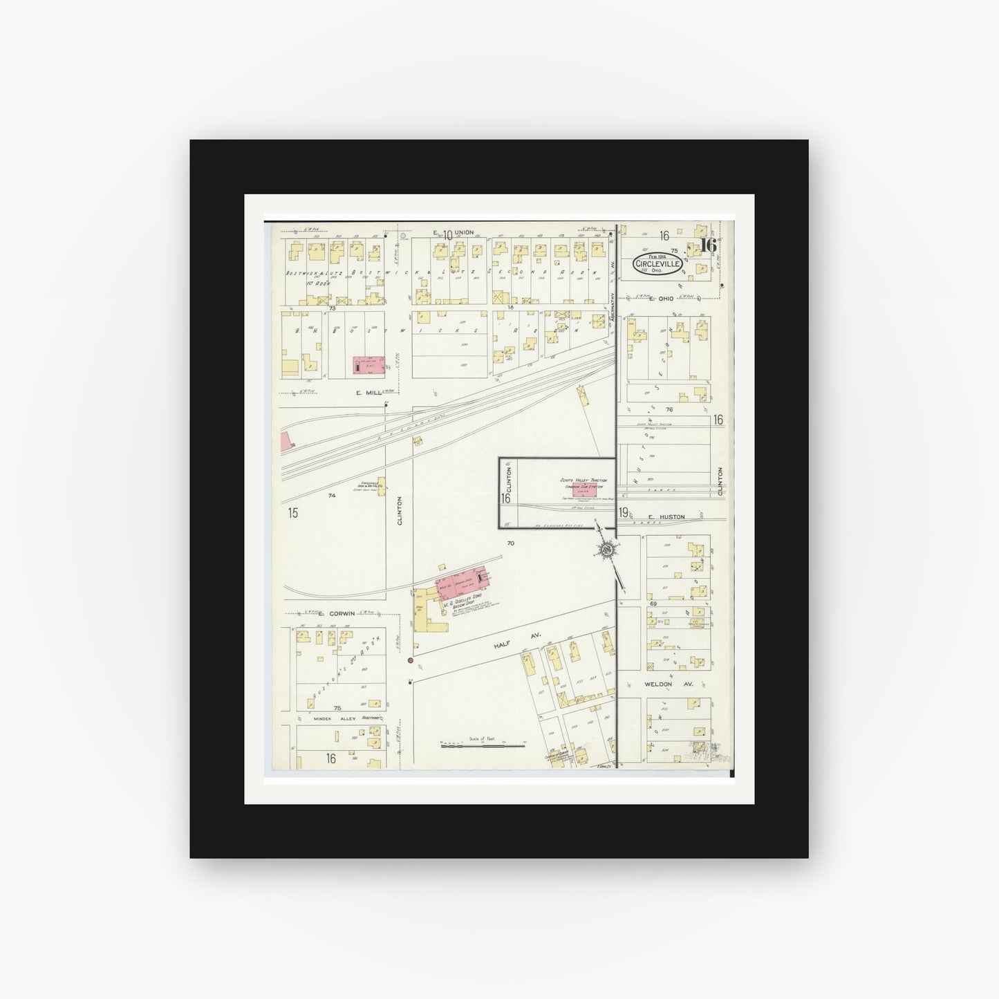 Old map wall art mockup — black gallery frame with white mat — Sanborn Fire Insurance Map from Circleville, Pickaway County, Ohio (1914), Sheet #0016