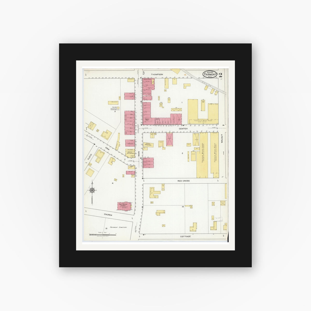 Old map wall art mockup — black gallery frame with white mat — Sanborn Fire Insurance Map from Fairmont, Robeson County, North Carolina (1918), Sheet #0002