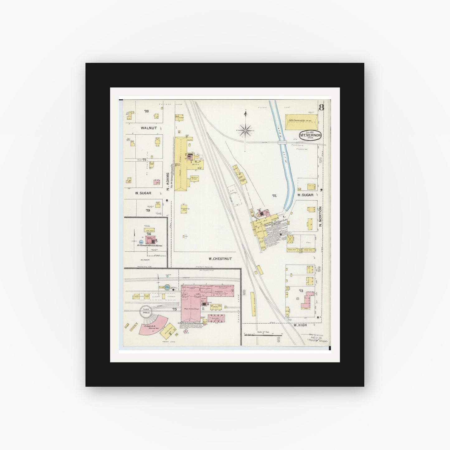 Old map wall art mockup — black gallery frame with white mat — Sanborn Fire Insurance Map from Mount Vernon, Knox County, Ohio (1892), Sheet #0008