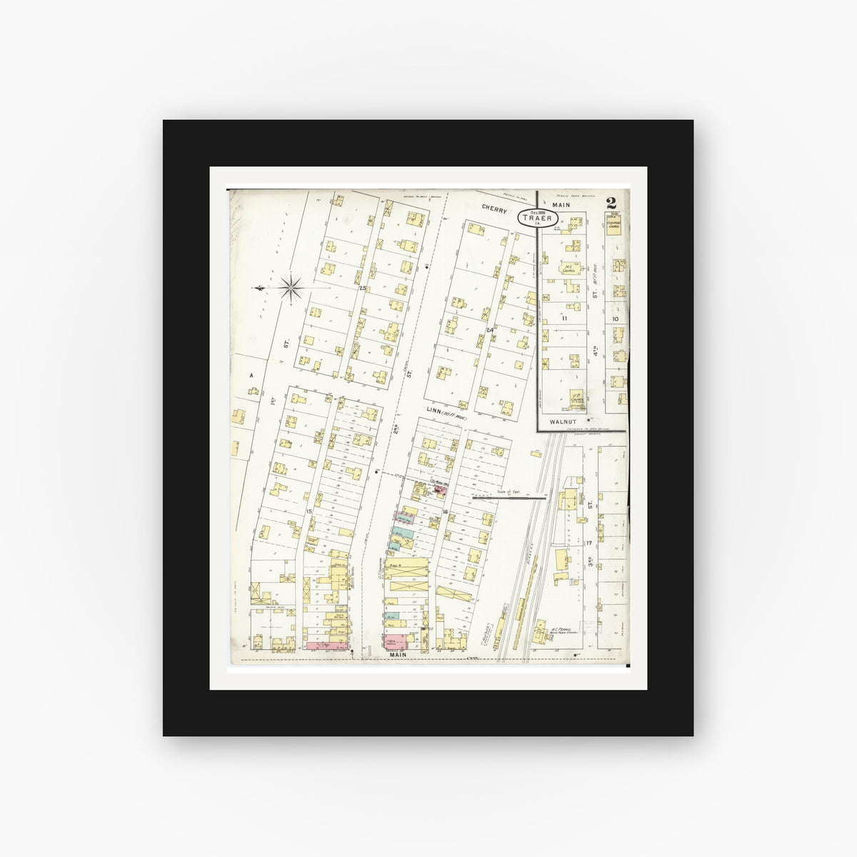Old map wall art mockup — black gallery frame with white mat — Sanborn Fire Insurance Map from Traer, Tama County, Iowa (1895), Sheet #0002