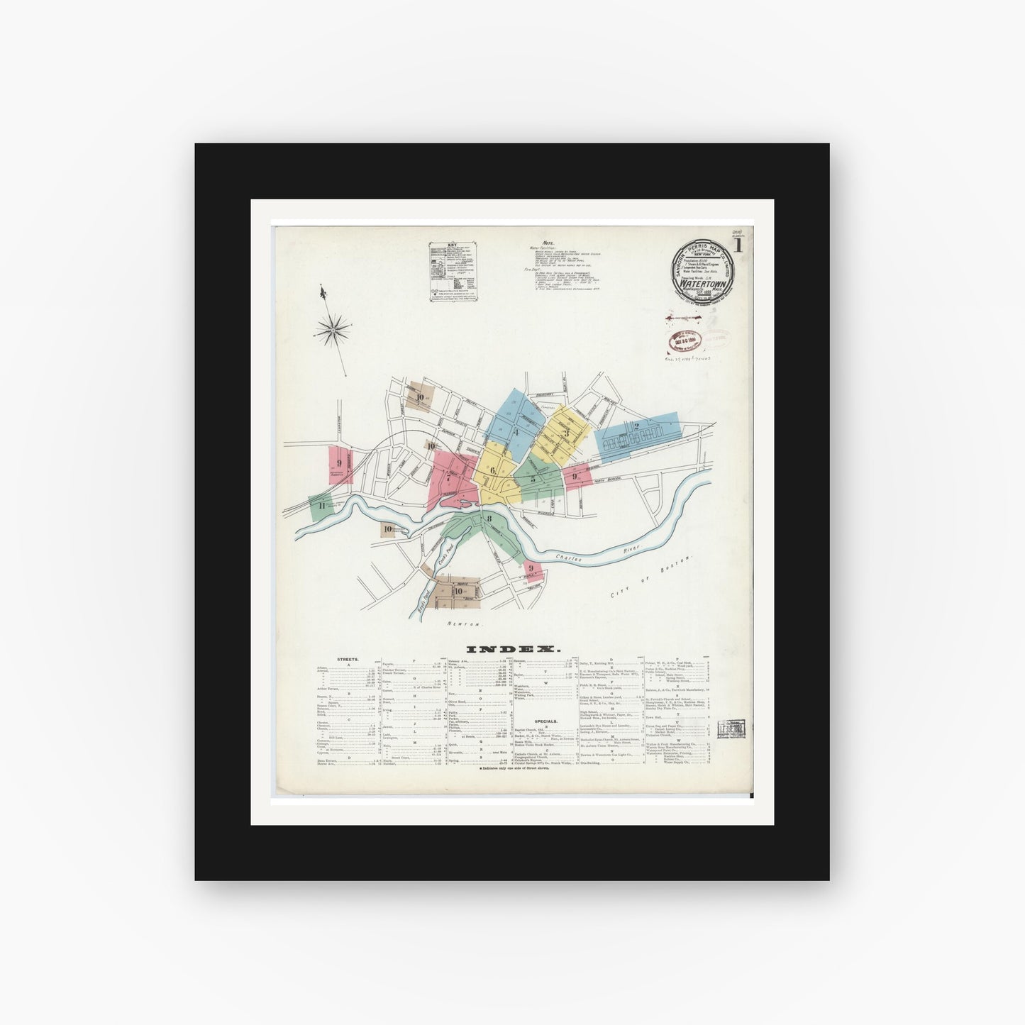 Old map wall art mockup — black gallery frame with white mat — Sanborn Fire Insurance Map from Watertown, Middlesex County, Massachusetts (1899), Sheet #0001