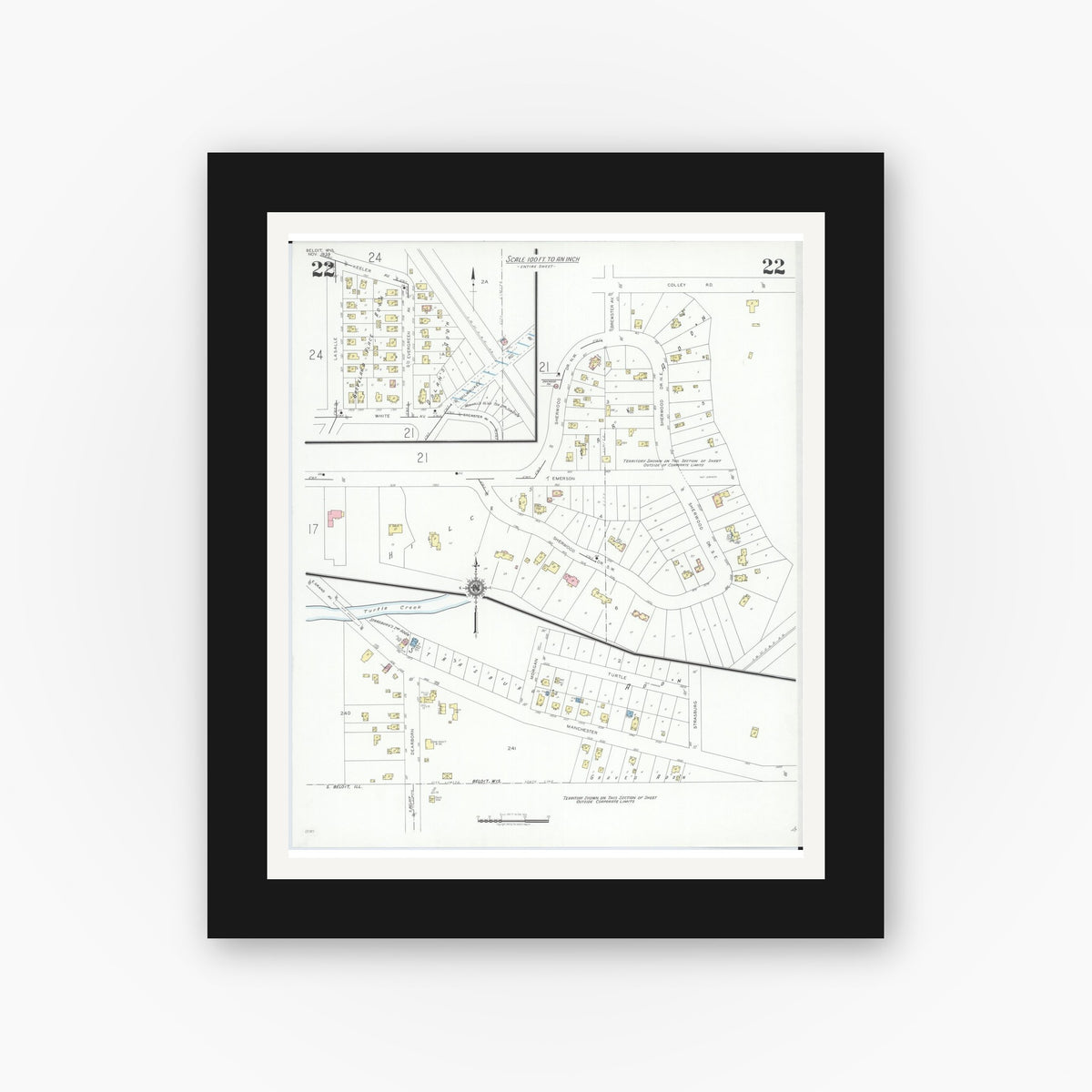 Old map wall art mockup — black gallery frame with white mat — Sanborn Fire Insurance Map from Beloit, Rock County, Wisconsin (1939), Sheet #0022