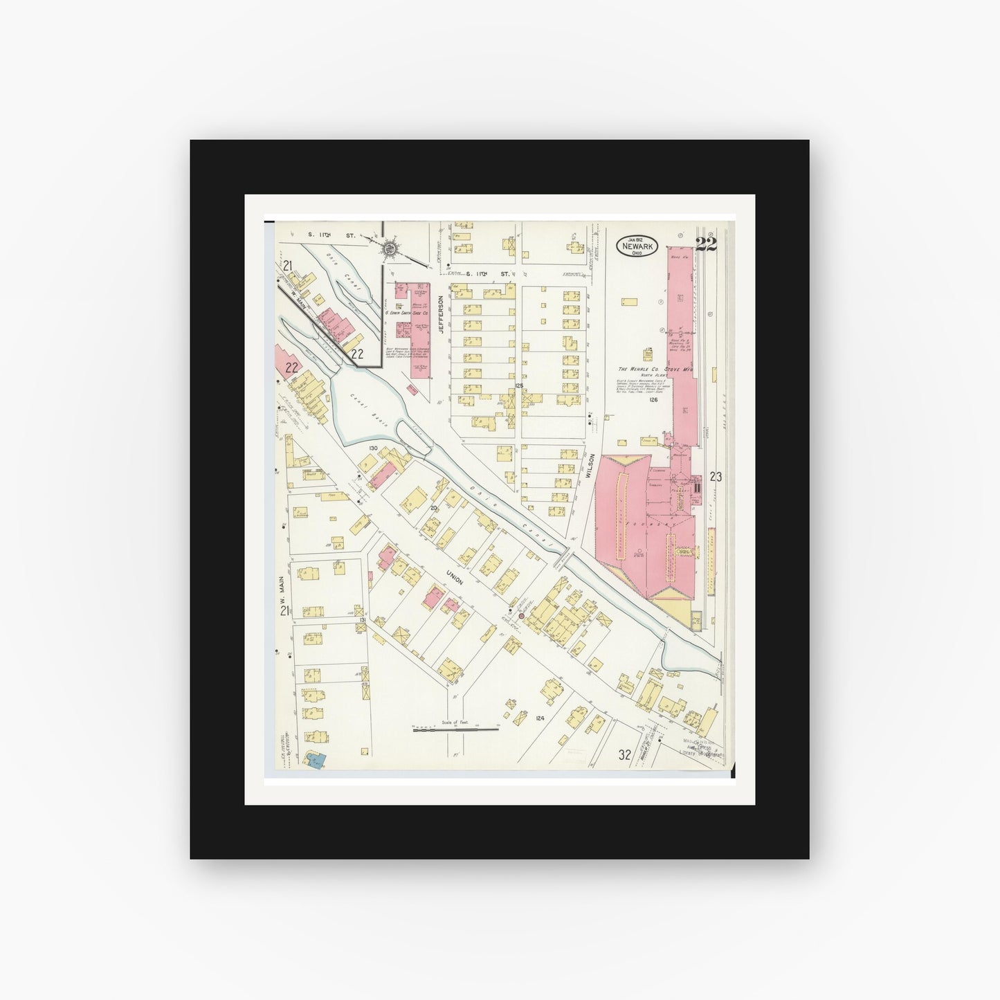 Old map wall art mockup — black gallery frame with white mat — Sanborn Fire Insurance Map from Newark, Licking County, Ohio (1912), Sheet #0022