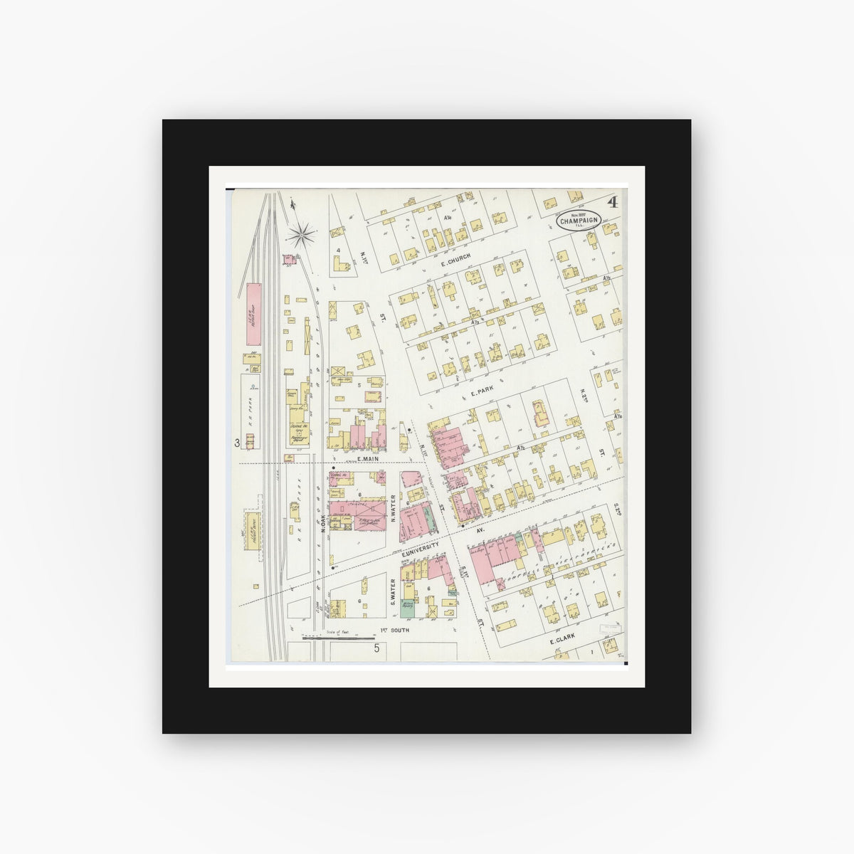 Old map wall art mockup — black gallery frame with white mat — Sanborn Fire Insurance Map from Champaign, Champaign County, Illinois (1897), Sheet #0004