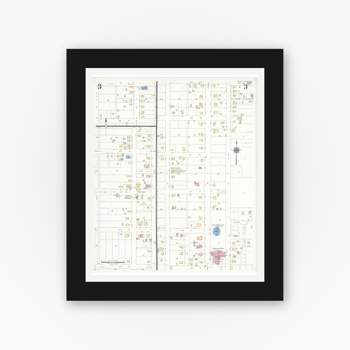 Old map wall art mockup — black gallery frame with white mat — Sanborn Fire Insurance Map from Ozona, Crockett County, Texas (1941), Sheet #0003