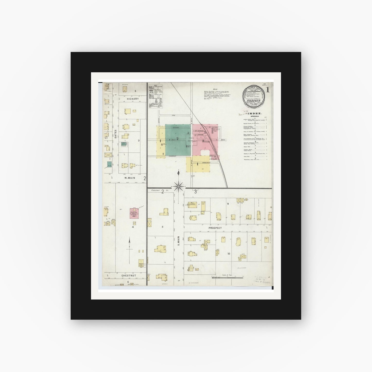 Old map wall art mockup — black gallery frame with white mat — Sanborn Fire Insurance Map from Andover, Ashtabula County, Ohio (1896), Sheet #0001