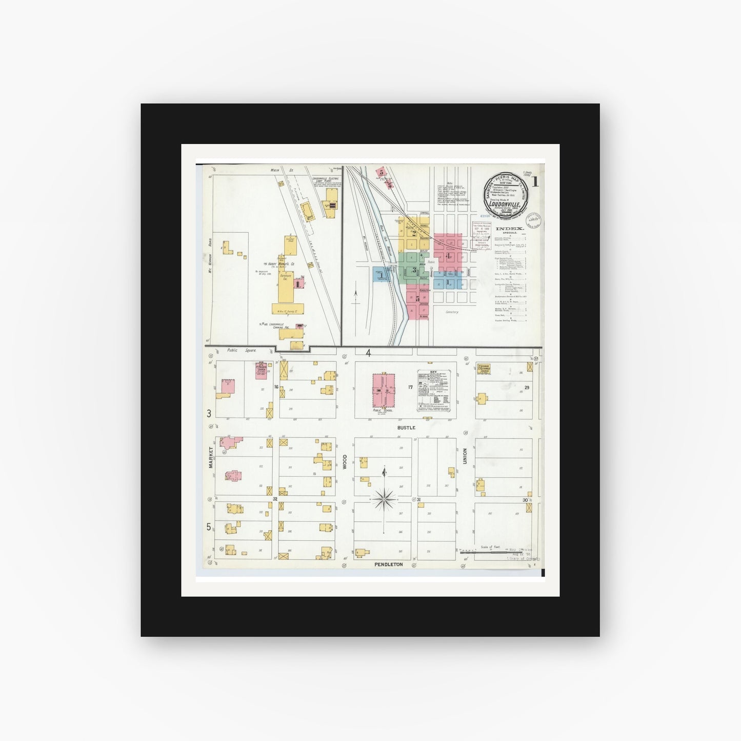 Old map wall art mockup β black gallery frame with white mat β Sanborn Fire Insurance Map from Loudonville, Ashland County, Ohio (1900) - Complete Map Set