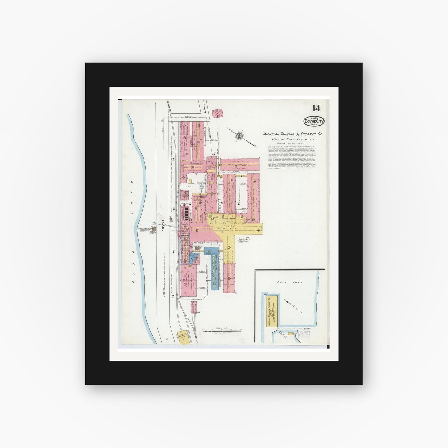Old map wall art mockup — black gallery frame with white mat — Sanborn Fire Insurance Map from Boyne City, Charlevoix County, Michigan (1919), Sheet #0014