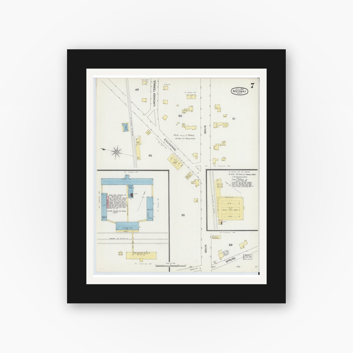 Old map wall art mockup — black gallery frame with white mat — Sanborn Fire Insurance Map from Medway, Norfolk County, Massachusetts (1892), Sheet #0007