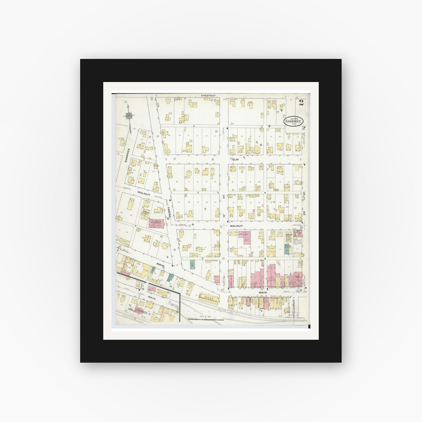 Old map wall art mockup — black gallery frame with white mat — Sanborn Fire Insurance Map from Shawnee, Perry County, Ohio (1910), Sheet #0002
