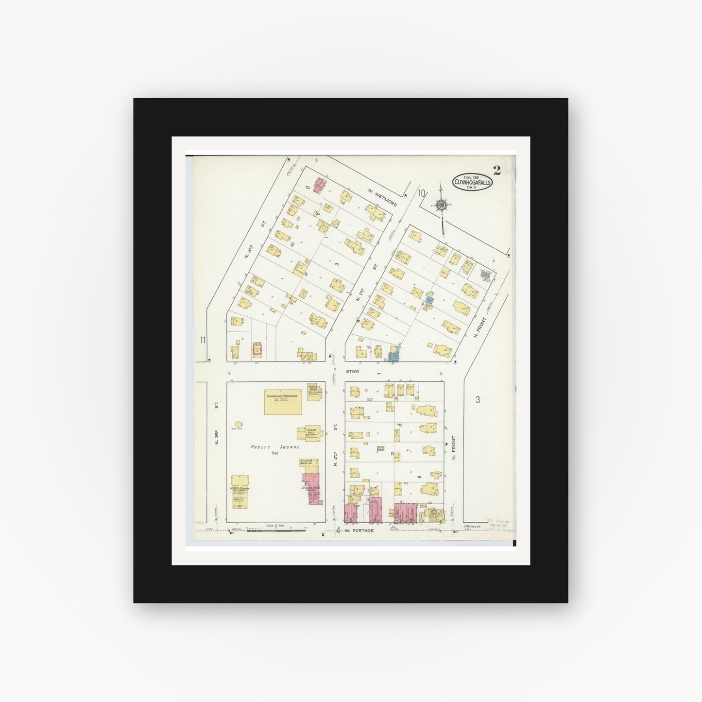 Old map wall art mockup — black gallery frame with white mat — Sanborn Fire Insurance Map from Cuyahoga Falls, Summit County, Ohio (1916), Sheet #0002