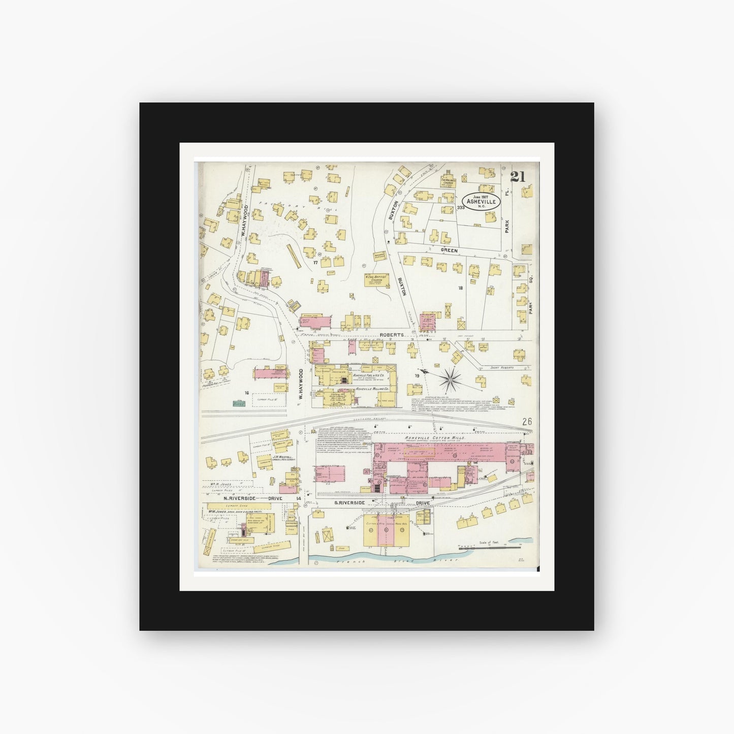 Old map wall art mockup — black gallery frame with white mat — Sanborn Fire Insurance Map from Asheville, Buncombe County, North Carolina (1907), Sheet #0021