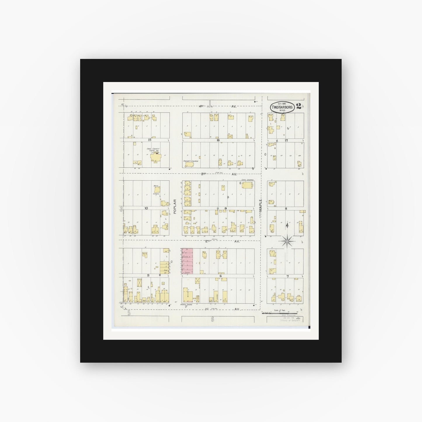 Old map wall art mockup — black gallery frame with white mat — Sanborn Fire Insurance Map from Two Harbors, Lake County, Minnesota (1892), Sheet #0002