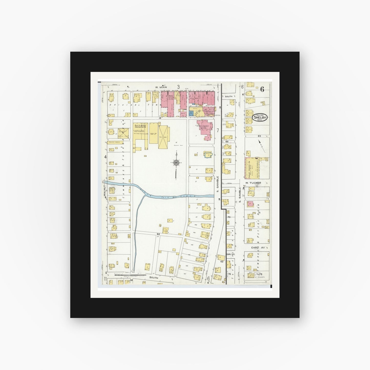 Old map wall art mockup — black gallery frame with white mat — Sanborn Fire Insurance Map from Shelby, Richland County, Ohio (1919), Sheet #0006