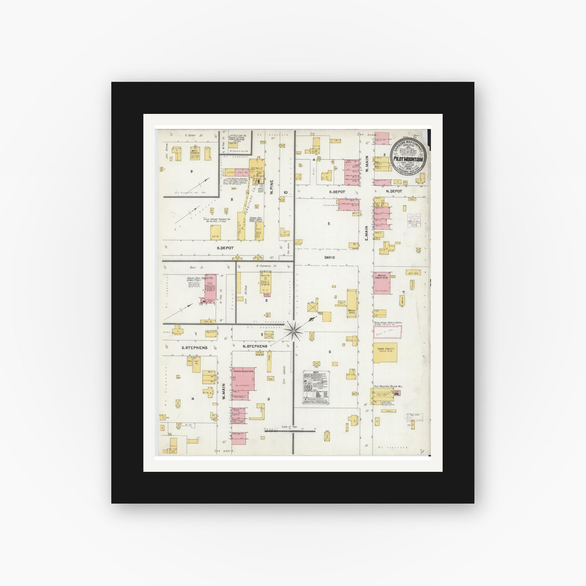 Old map wall art mockup — black gallery frame with white mat — Sanborn Fire Insurance Map from Pilot Mountain, Surry County, North Carolina (1905), Sheet #0001
