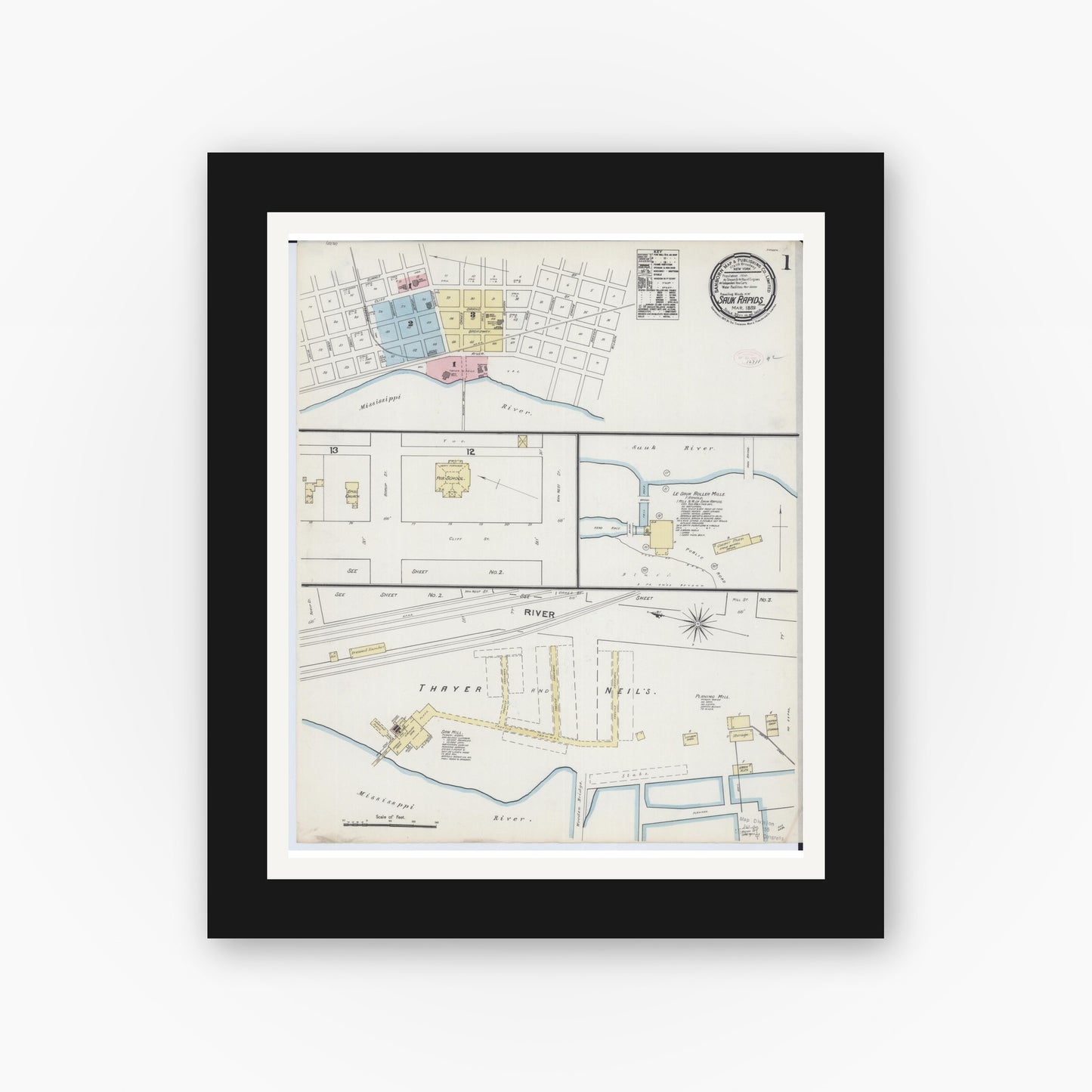 Old map wall art mockup — black gallery frame with white mat — Sanborn Fire Insurance Map from Sauk Rapids, Benton County, Minnesota (1889) - Complete Map Set