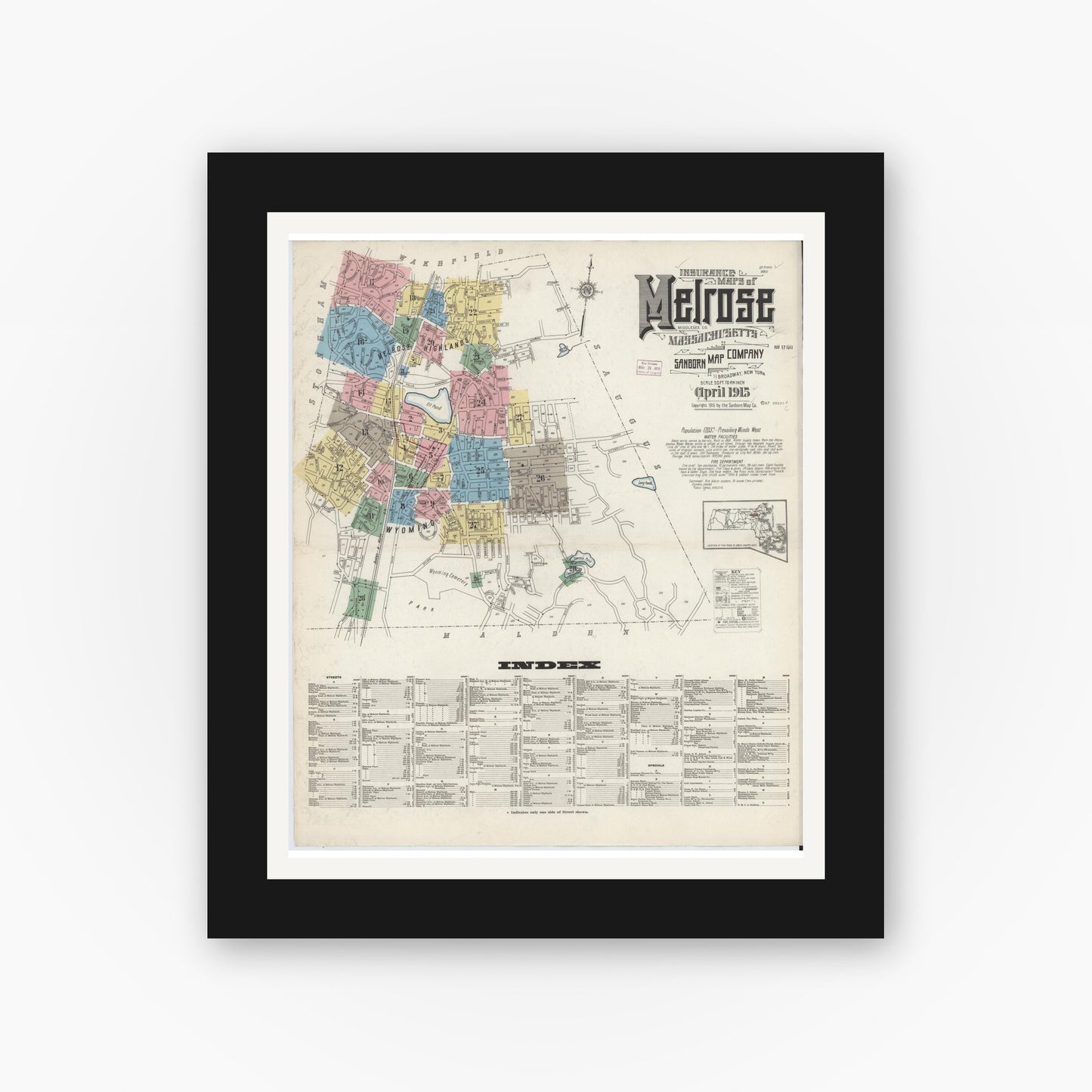 Old map wall art mockup — black gallery frame with white mat — Sanborn Fire Insurance Map from Melrose, Middlesex County, Massachusetts (1915), Sheet #0001