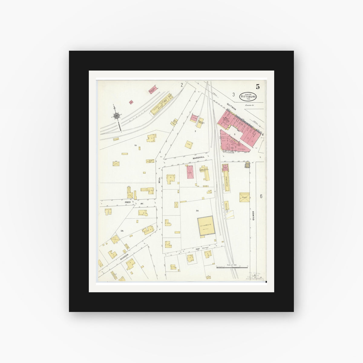 Old map wall art mockup — black gallery frame with white mat — Sanborn Fire Insurance Map from Pittsburg, Camp County, Texas (1911), Sheet #0005