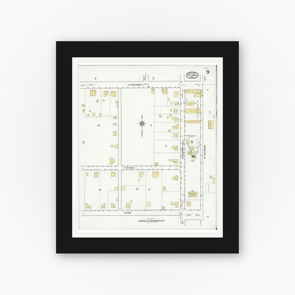 Old map wall art mockup — black gallery frame with white mat — Sanborn Fire Insurance Map from Plano, Collin County, Texas (1921), Sheet #0009