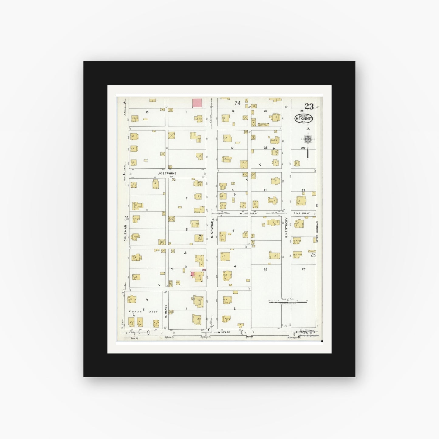 Old map wall art mockup — black gallery frame with white mat — Sanborn Fire Insurance Map from McKinney, Collin County, Texas (1920), Sheet #0023