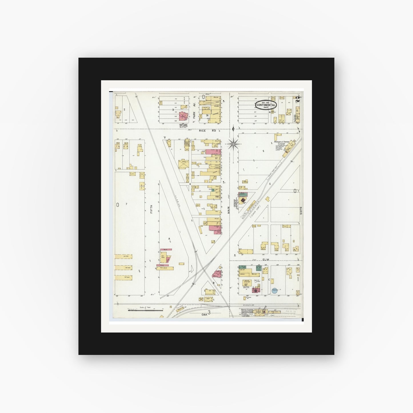 Old map wall art mockup — black gallery frame with white mat — Sanborn Fire Insurance Map from Continental, Putnam County, Ohio (1901), Sheet #0002