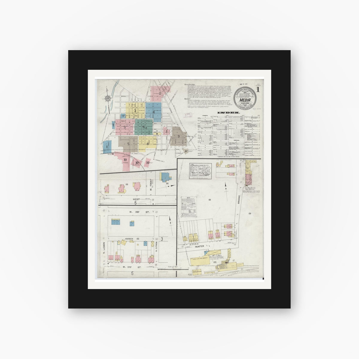 Old map wall art mockup — black gallery frame with white mat — Sanborn Fire Insurance Map from Media, Delaware County, Pennsylvania (1912), Sheet #0001
