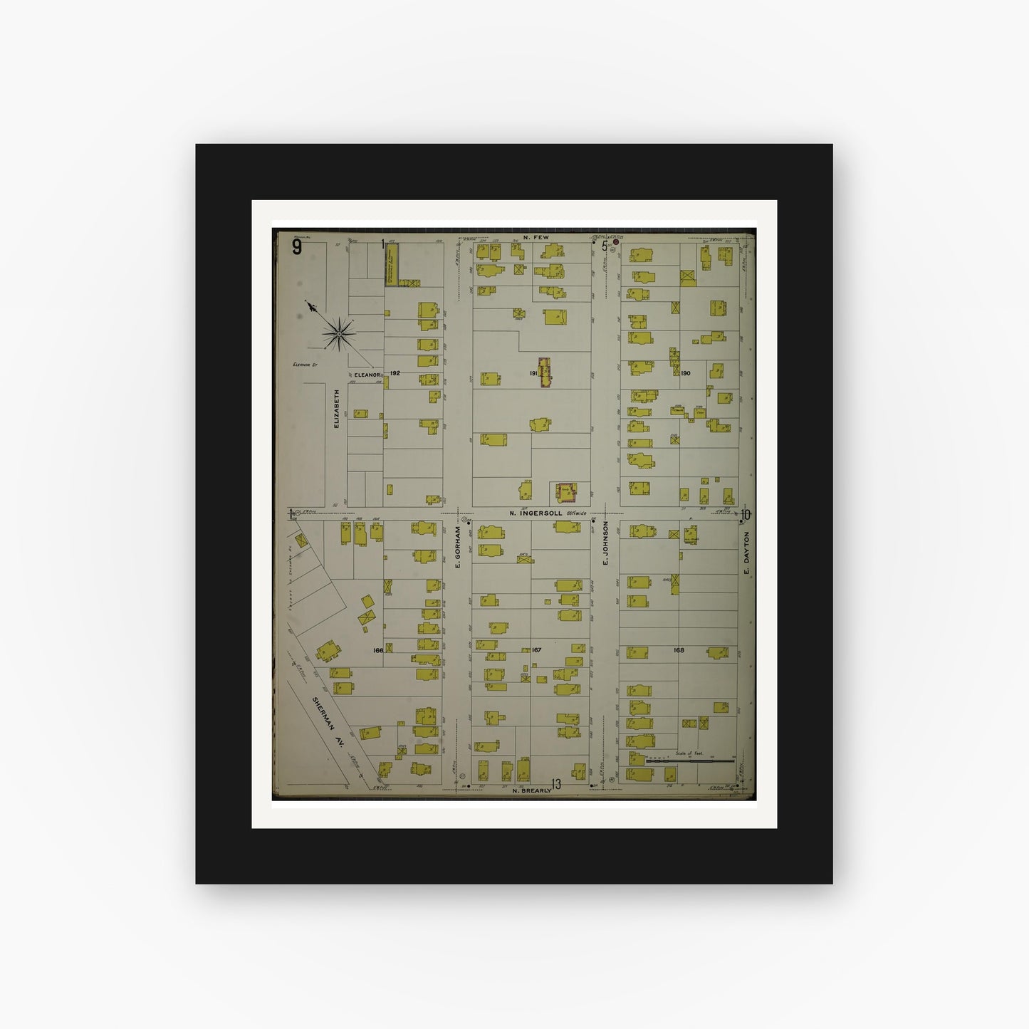Old map wall art mockup — black gallery frame with white mat — Sanborn Fire Insurance Map from Madison, Dane County, Wisconsin (1908), Sheet #0009