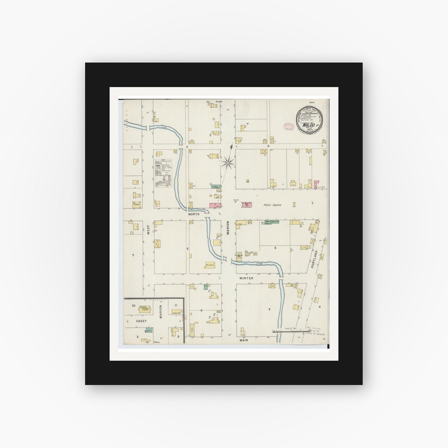 Old map wall art mockup — black gallery frame with white mat — Sanborn Fire Insurance Map from Waldo, Marion County, Ohio (1895), Sheet #0001