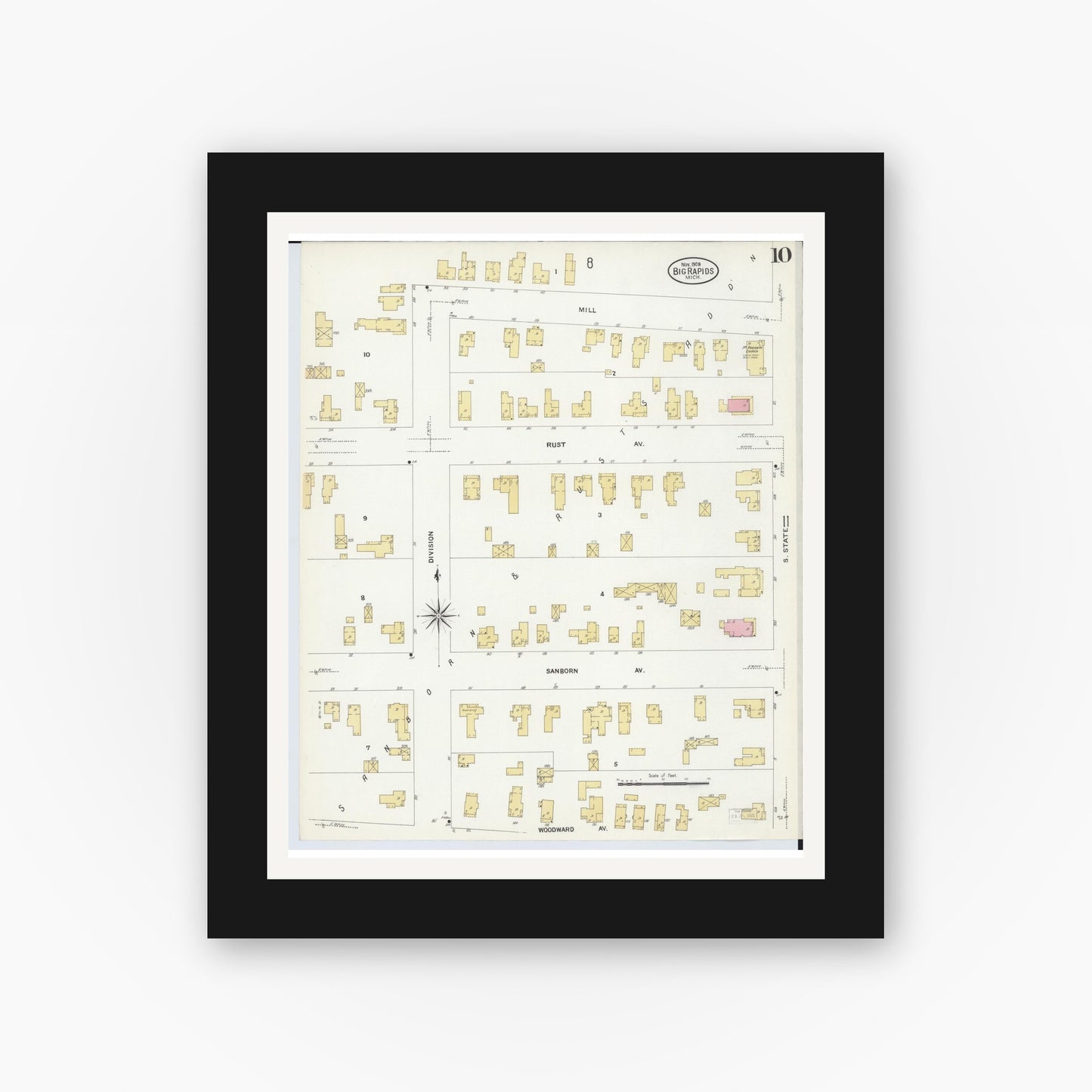 Old map wall art mockup — black gallery frame with white mat — Sanborn Fire Insurance Map from Big Rapids, Mecosta County, Michigan (1908), Sheet #0010