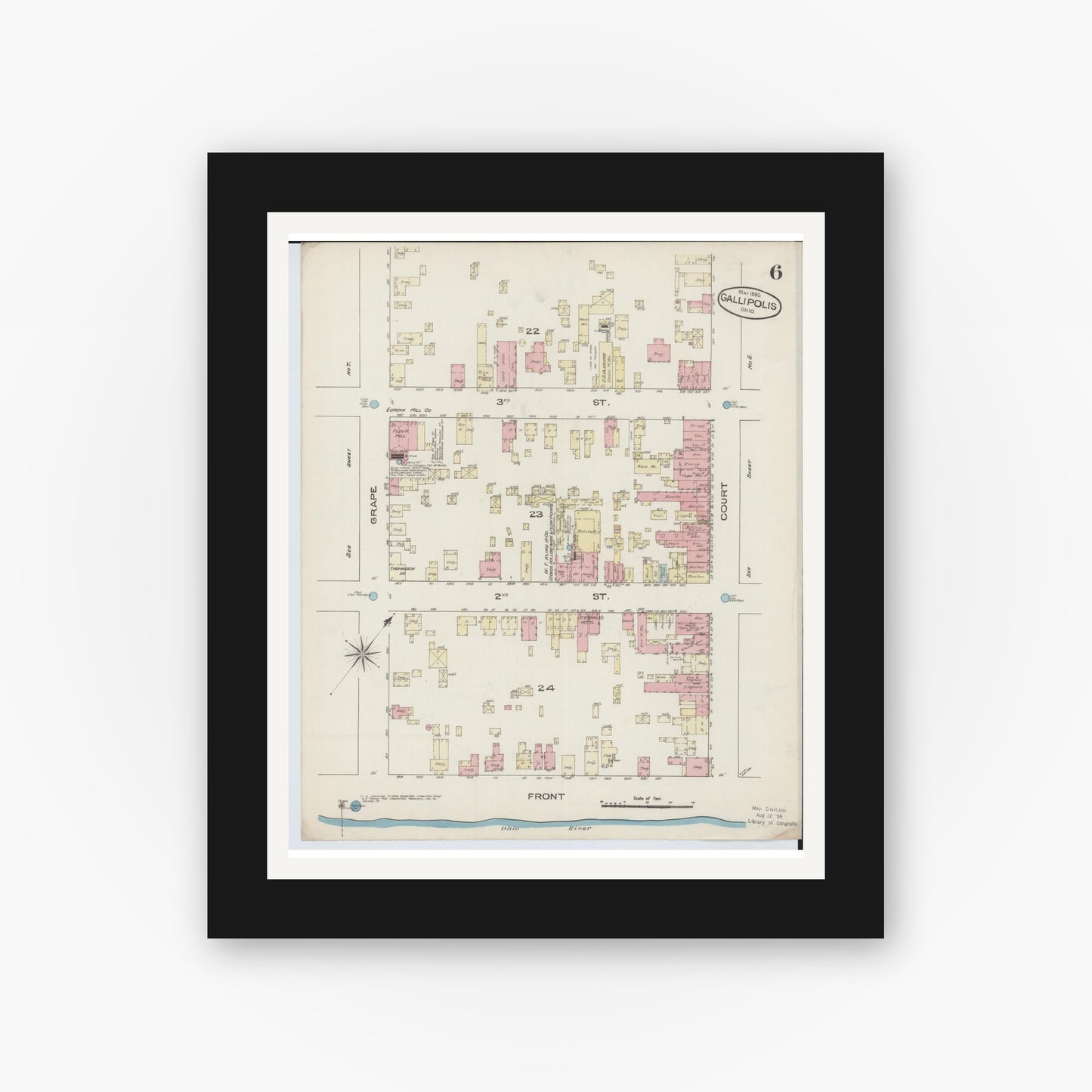 Old map wall art mockup — black gallery frame with white mat — Sanborn Fire Insurance Map from Gallipolis, Gallia County, Ohio (1885), Sheet #0006