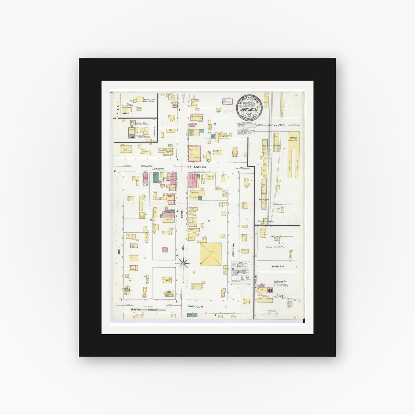 Old map wall art mockup — black gallery frame with white mat — Sanborn Fire Insurance Map from Carsonville, Sanilac County, Michigan (1909), Sheet #0001