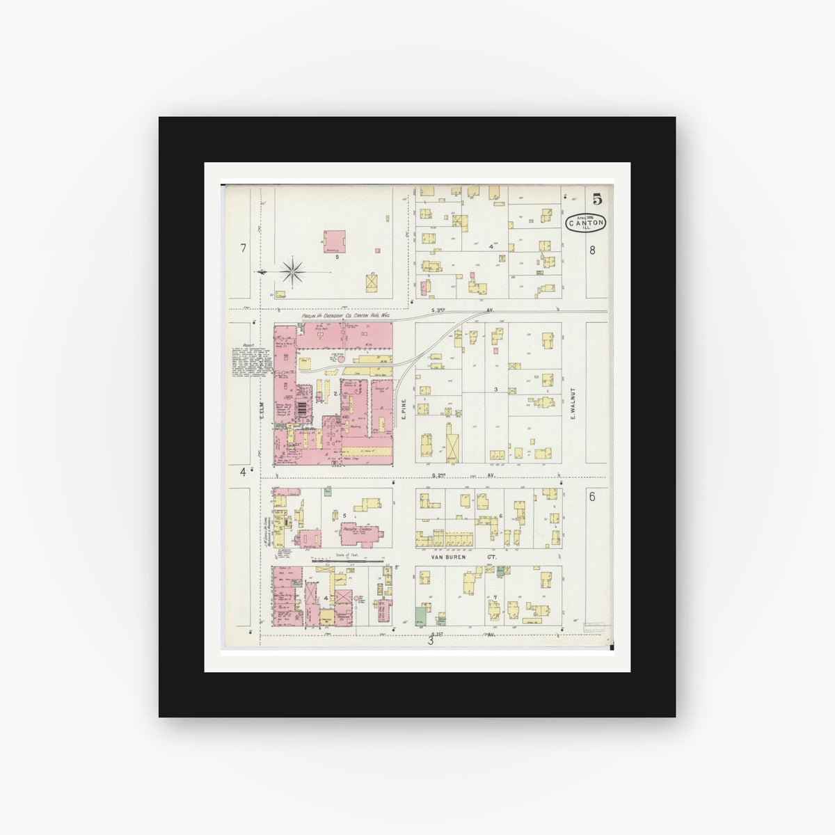 Old map wall art mockup — black gallery frame with white mat — Sanborn Fire Insurance Map from Canton, Fulton County, Illinois (1896), Sheet #0005