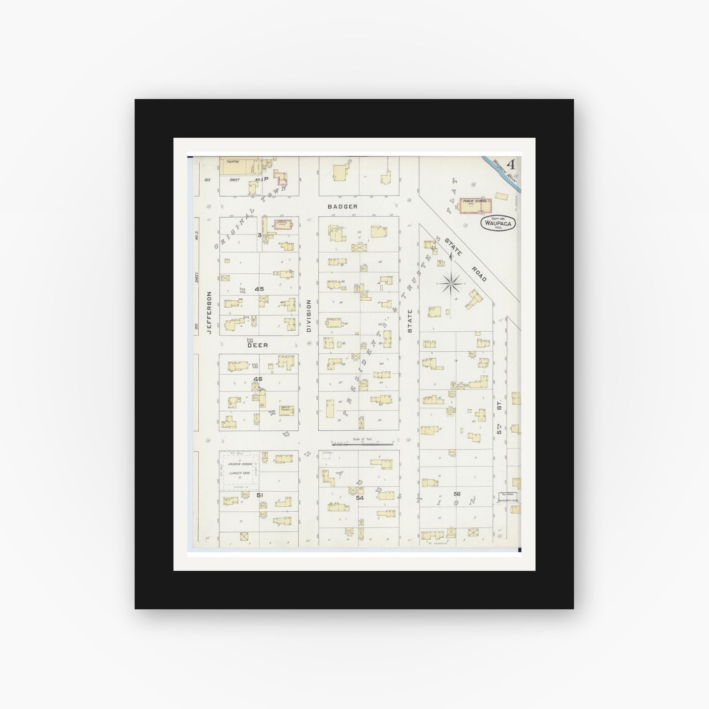 Old map wall art mockup — black gallery frame with white mat — Sanborn Fire Insurance Map from Waupaca, Waupaca County, Wisconsin (1891), Sheet #0004